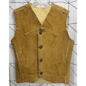Vintage Shearling Sheepskin Vest Mens XLarge Tan Western Sherpa Lined Button 70s